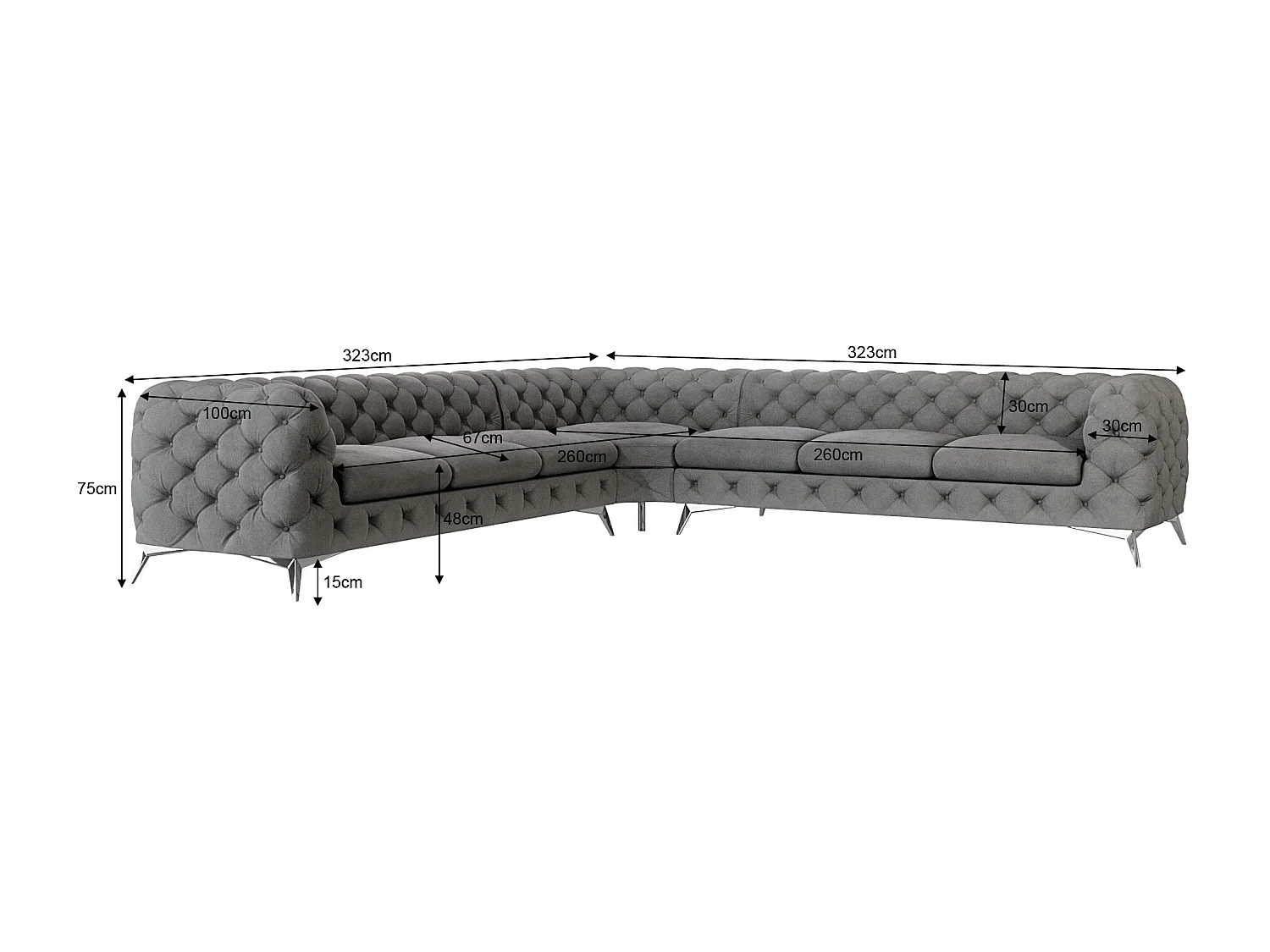 Ecksofa Chesterfield Celeste mit Silber Metall Füßen
