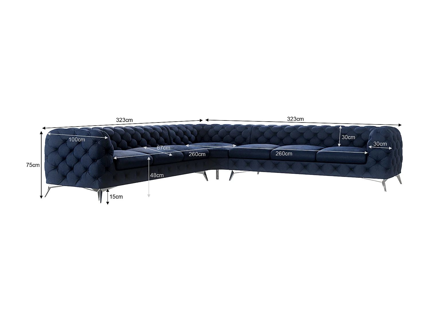 Ecksofa Chesterfield Celeste mit Silber Metall Füßen