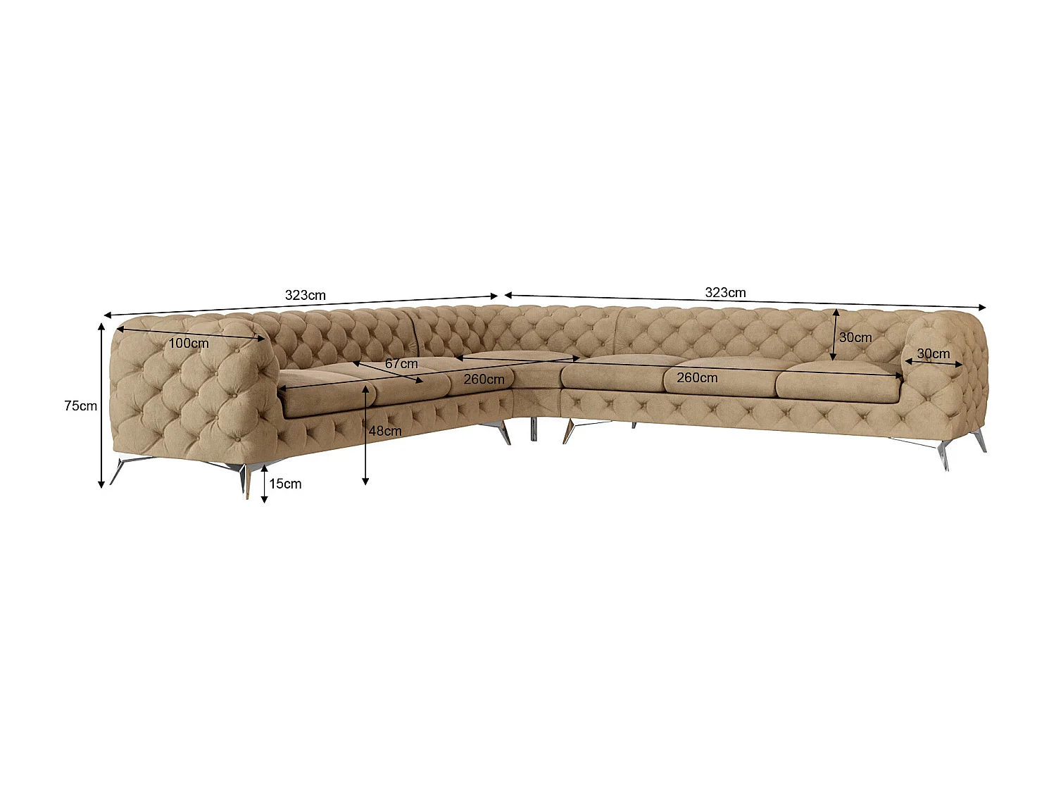 Ecksofa Chesterfield Celeste mit Silber Metall Füßen