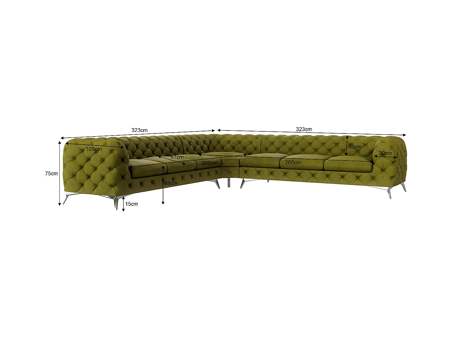 Ecksofa Chesterfield Celeste mit Silber Metall Füßen