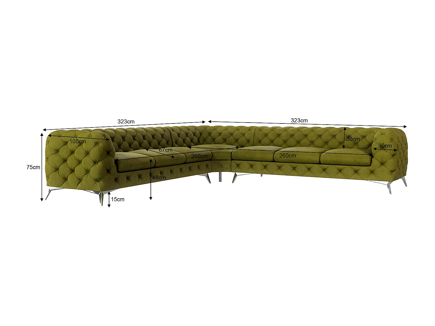 Ecksofa Chesterfield Celeste mit Silber Metall Füßen