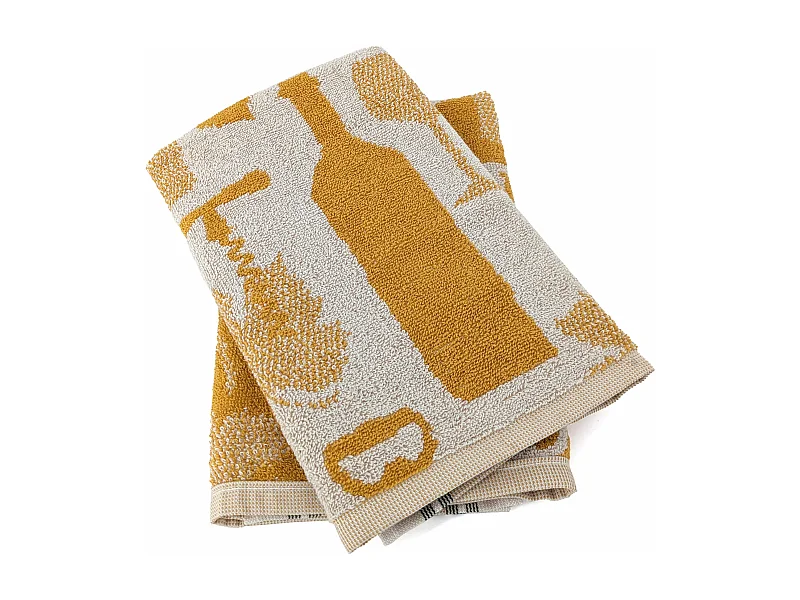 Lot de 2 torchons de cuisine pur coton 50x50 cm VITIS motif viticole jaune