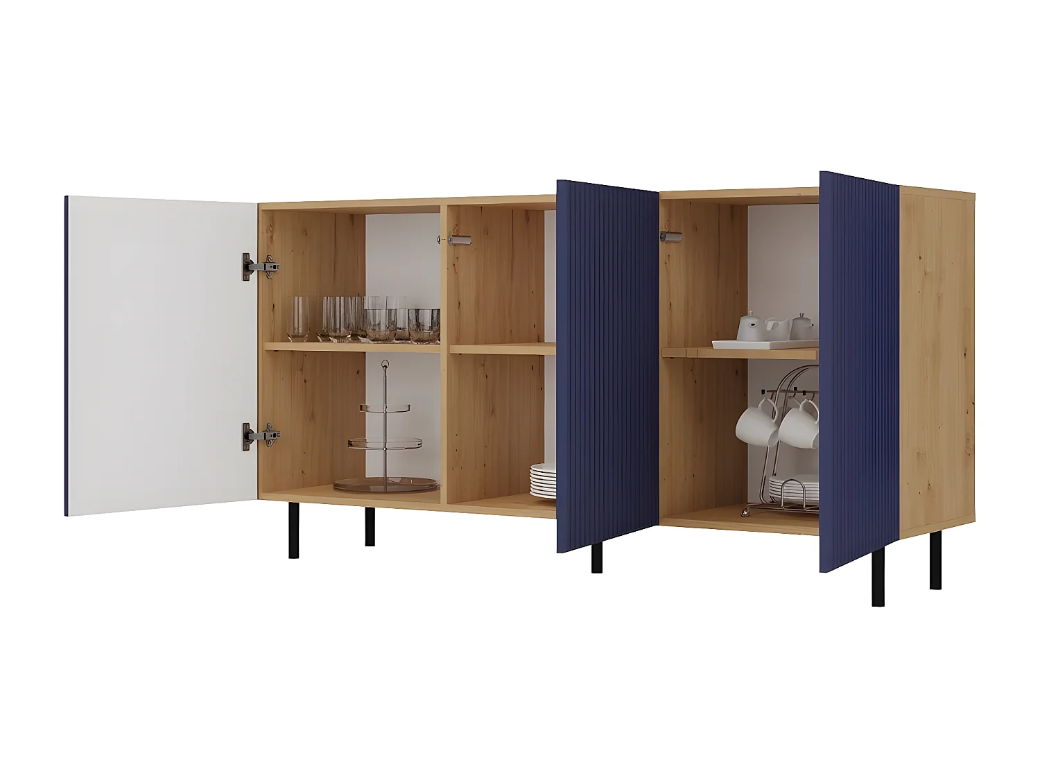 CAMI - Credenza glamour a 3 ante - 150x40x78 cm - 4 nicchie portaoggetti - Ante a doghe