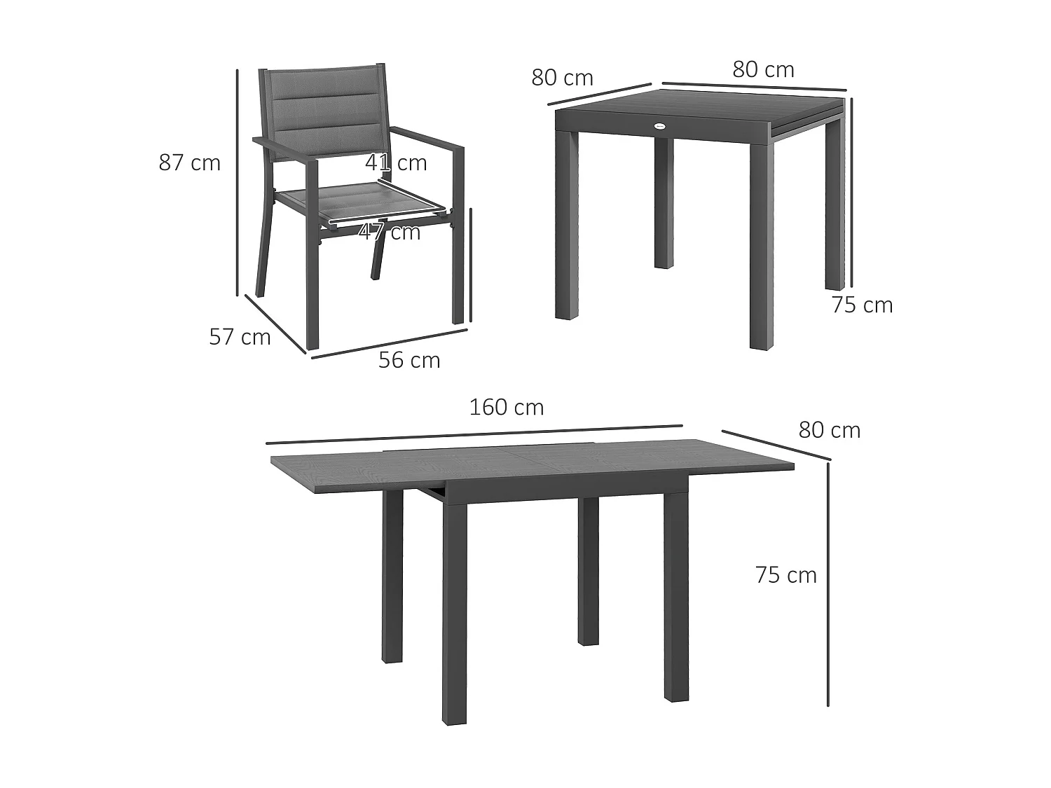 Ensemble salon de jardin 4 personnes 5 pièces table manger extensible anthracite