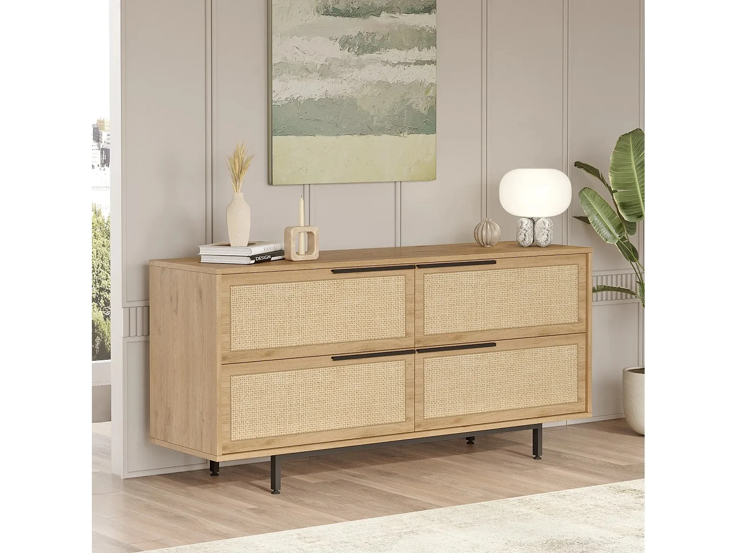 Buffet Evelis L160cm Bois et Rotin clair