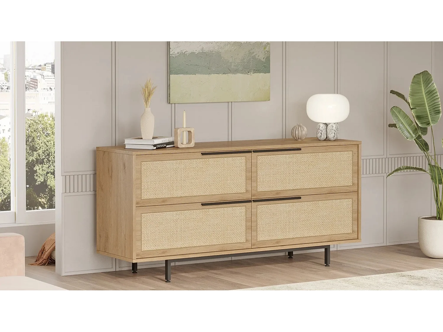 Buffet Evelis L160cm Bois et Rotin clair