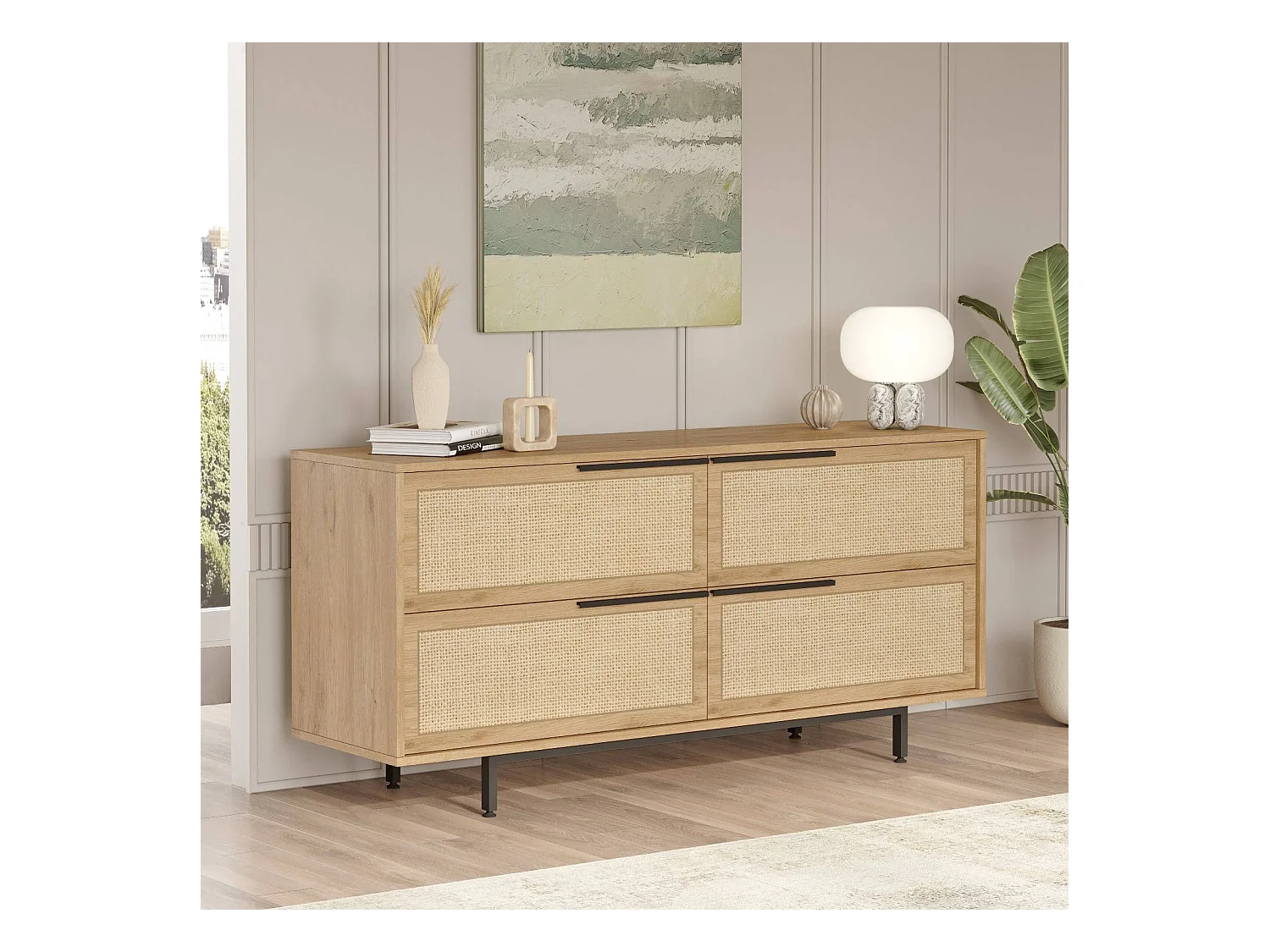 Buffet Evelis L160cm Bois et Rotin clair