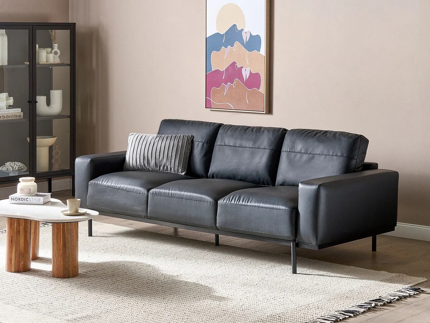 3-Sitzer Sofa Kunstleder schwarz mit Metallbeinen dicke Sitzkissen modern Sovik