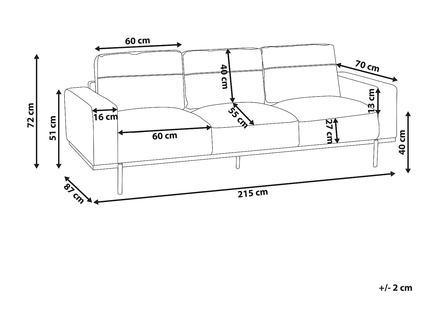 3-Sitzer Sofa Kunstleder schwarz mit Metallbeinen dicke Sitzkissen modern Sovik