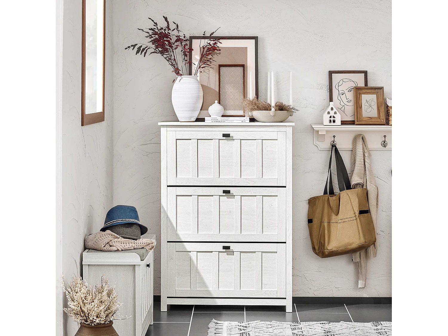 SoBuy FSR162-W Meuble à Chaussures Armoire à Chaussures Commode à Chaussures Meuble d'entrée avec 3 Abattants