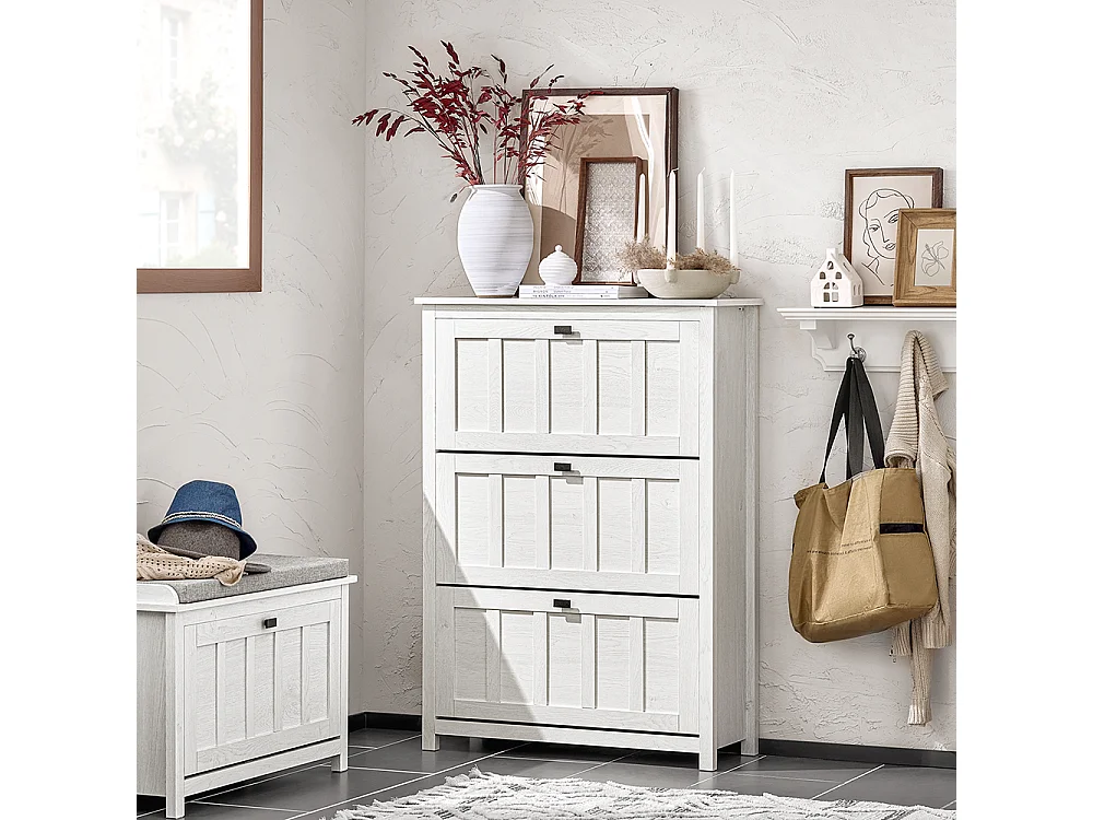 SoBuy FSR162-W Meuble à Chaussures Armoire à Chaussures Commode à Chaussures Meuble d'entrée avec 3 Abattants