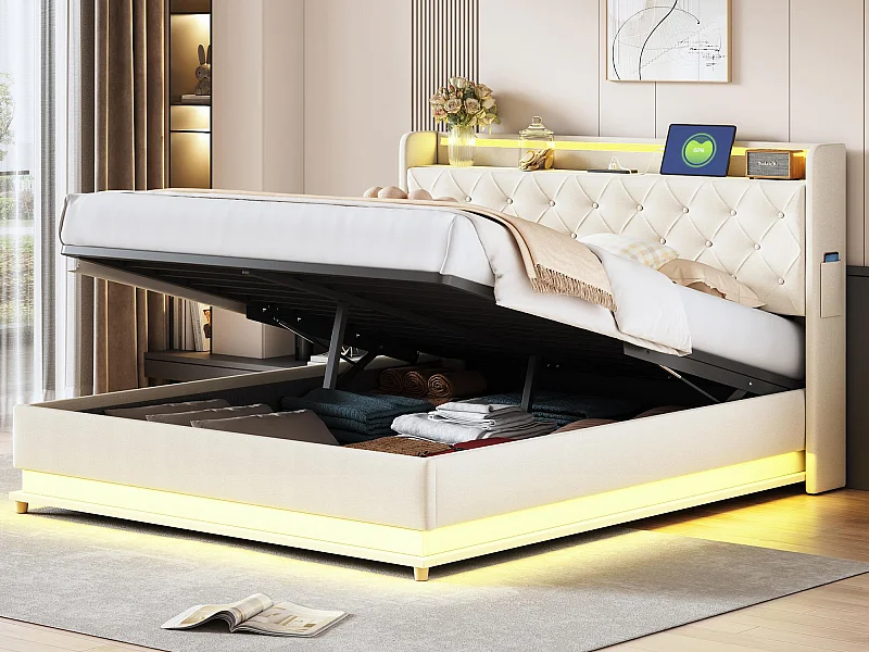 Gepolstertes Truhenbett mit LED 160 x 200 cm – mit USB-Ladeanschluss – Leinenstoff – Beige
