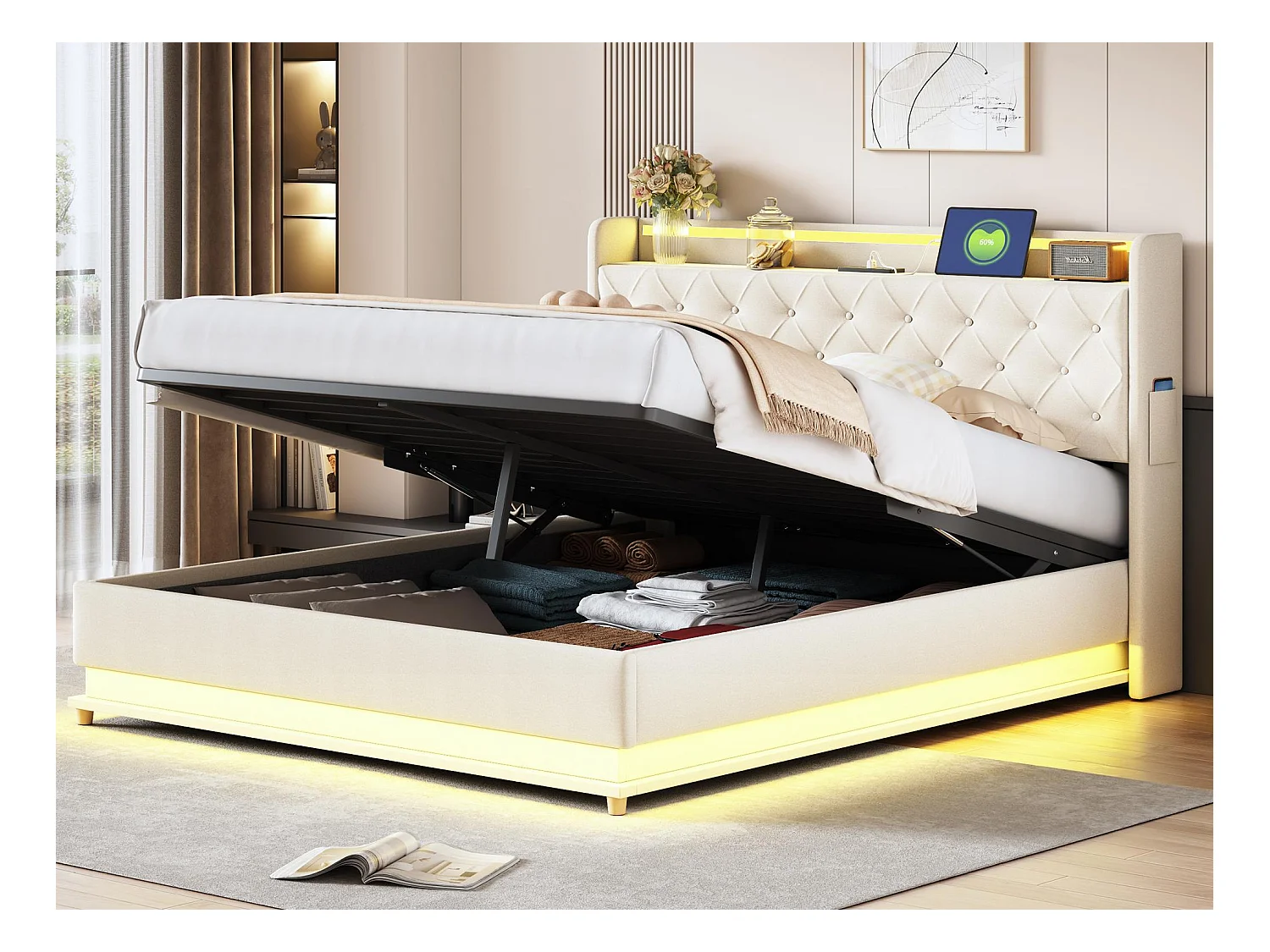 Lit coffre rembourré avec LED 160x200 cm - avec Port de chargement USB - en tissu de lin - Beige