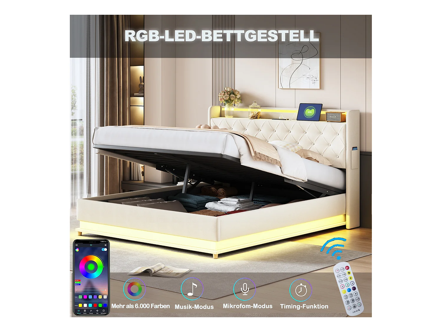 Gestoffeerd borstbed met LED 160x200 cm - met USB-oplaadpoort - Linnen stof - Beige