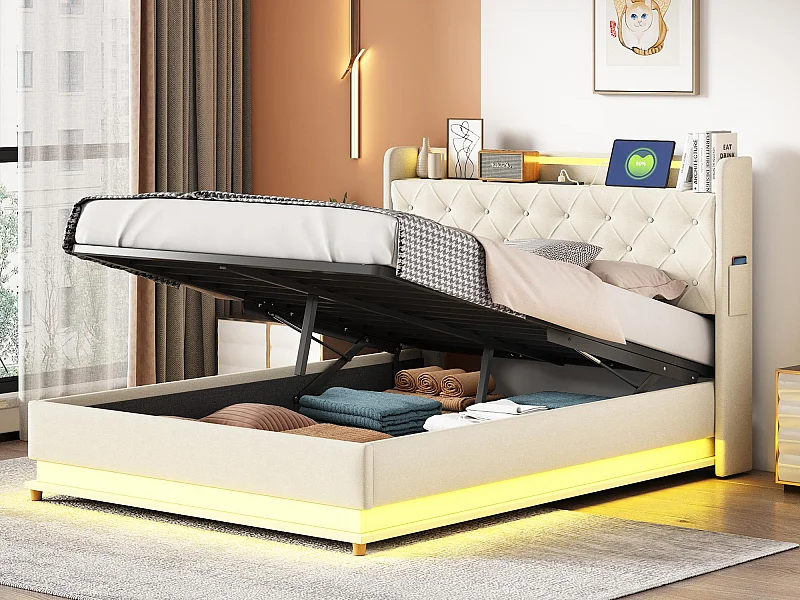 Letto Cassettiera Imbottita con LED 140x200 cm - Con Porta Di Ricarica USB - Tessuto Di Lino - Beige