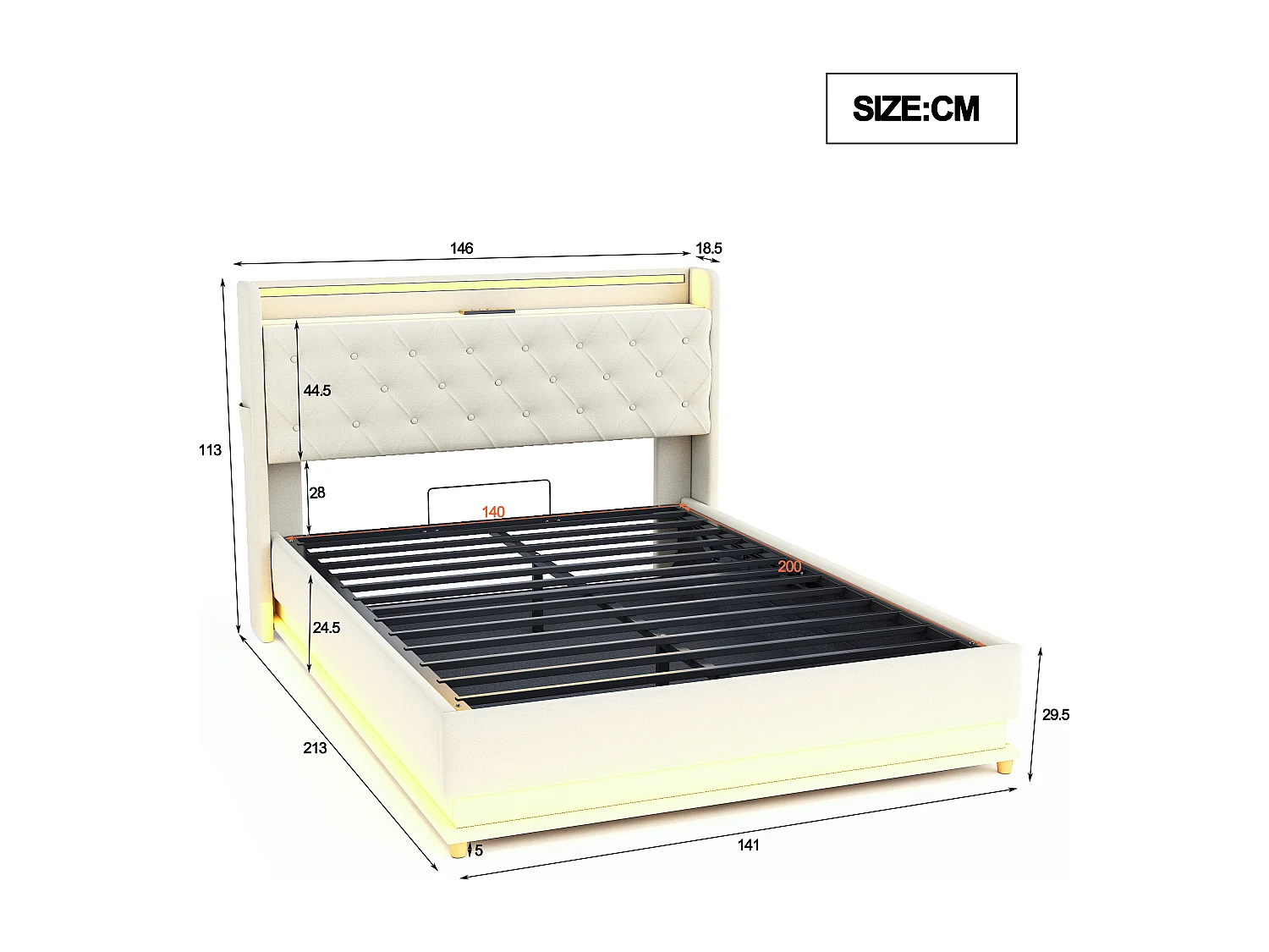Letto Cassettiera Imbottita con LED 140x200 cm - Con Porta Di Ricarica USB - Tessuto Di Lino - Beige