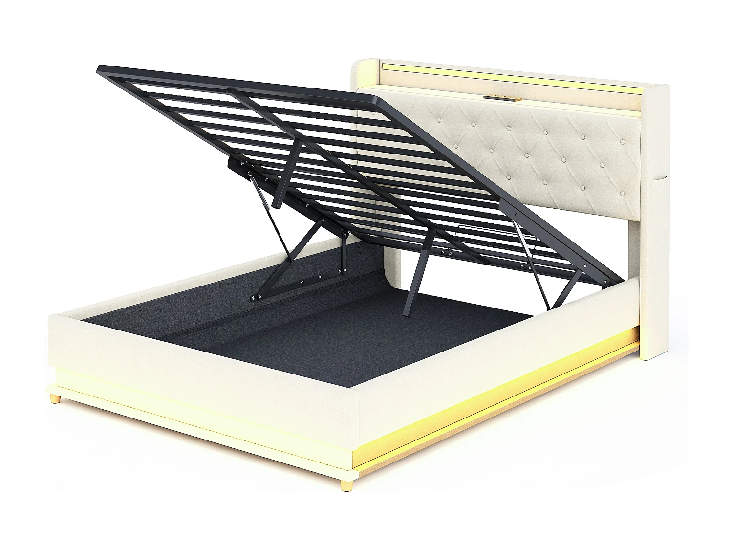 Letto Cassettiera Imbottita con LED 140x200 cm - Con Porta Di Ricarica USB - Tessuto Di Lino - Beige