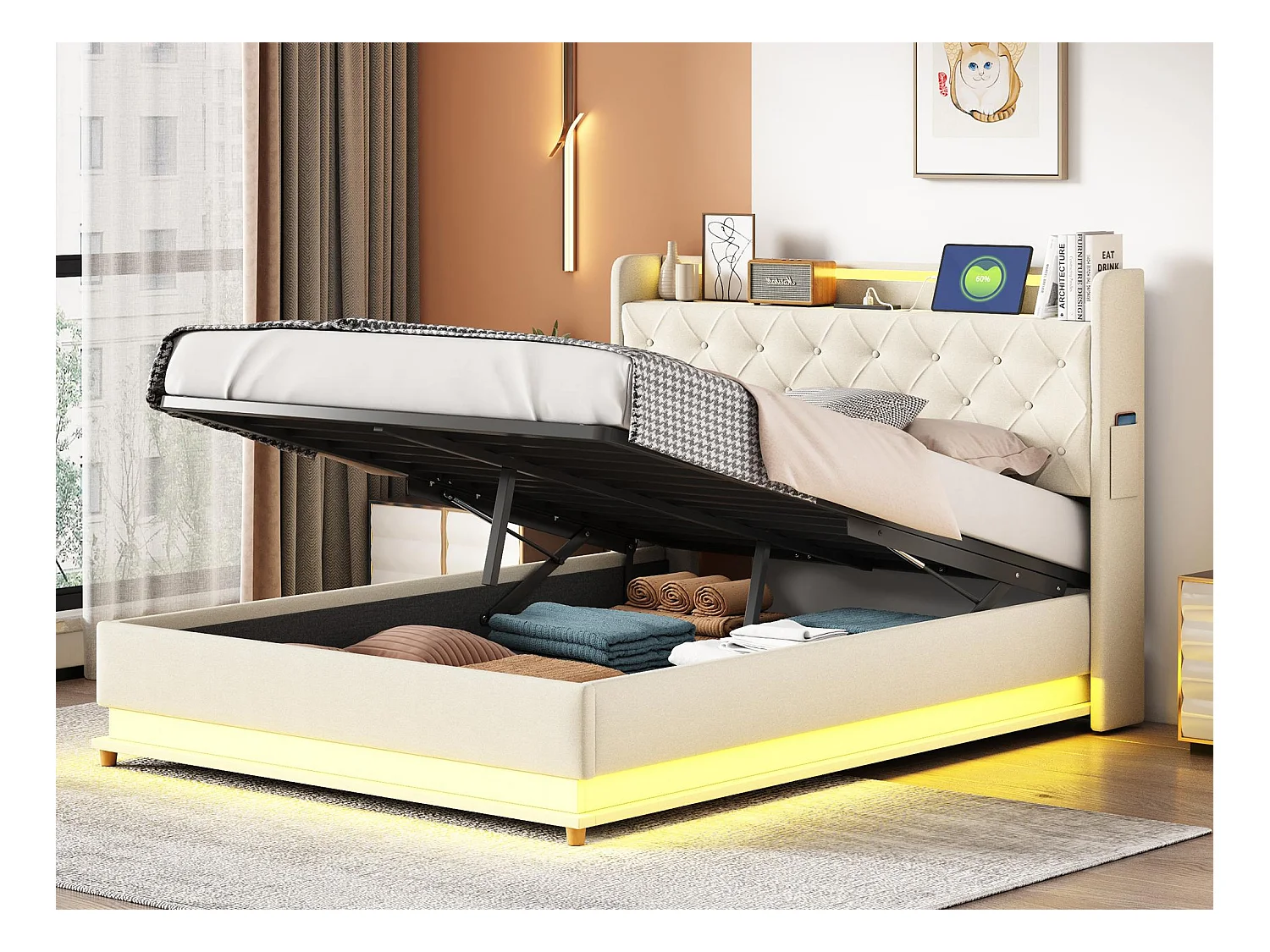 Lit coffre rembourré avec LED 140x200 cm - avec Port de chargement USB - en tissu de lin - Beige