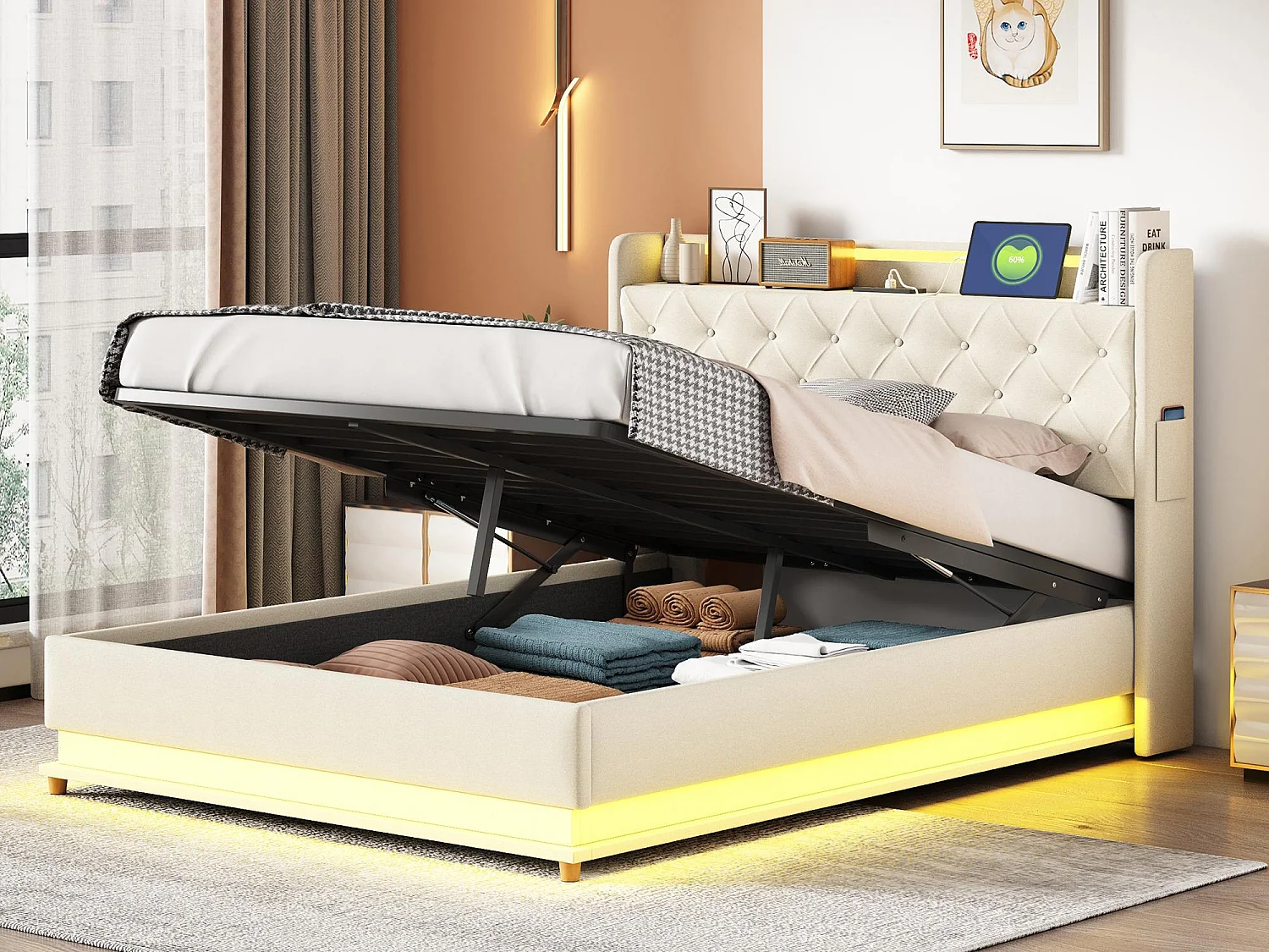 Bed Gestoffeerde Ladekast met LED 140x200 cm - Met USB Oplaadpoort - Linnenstof - Beige