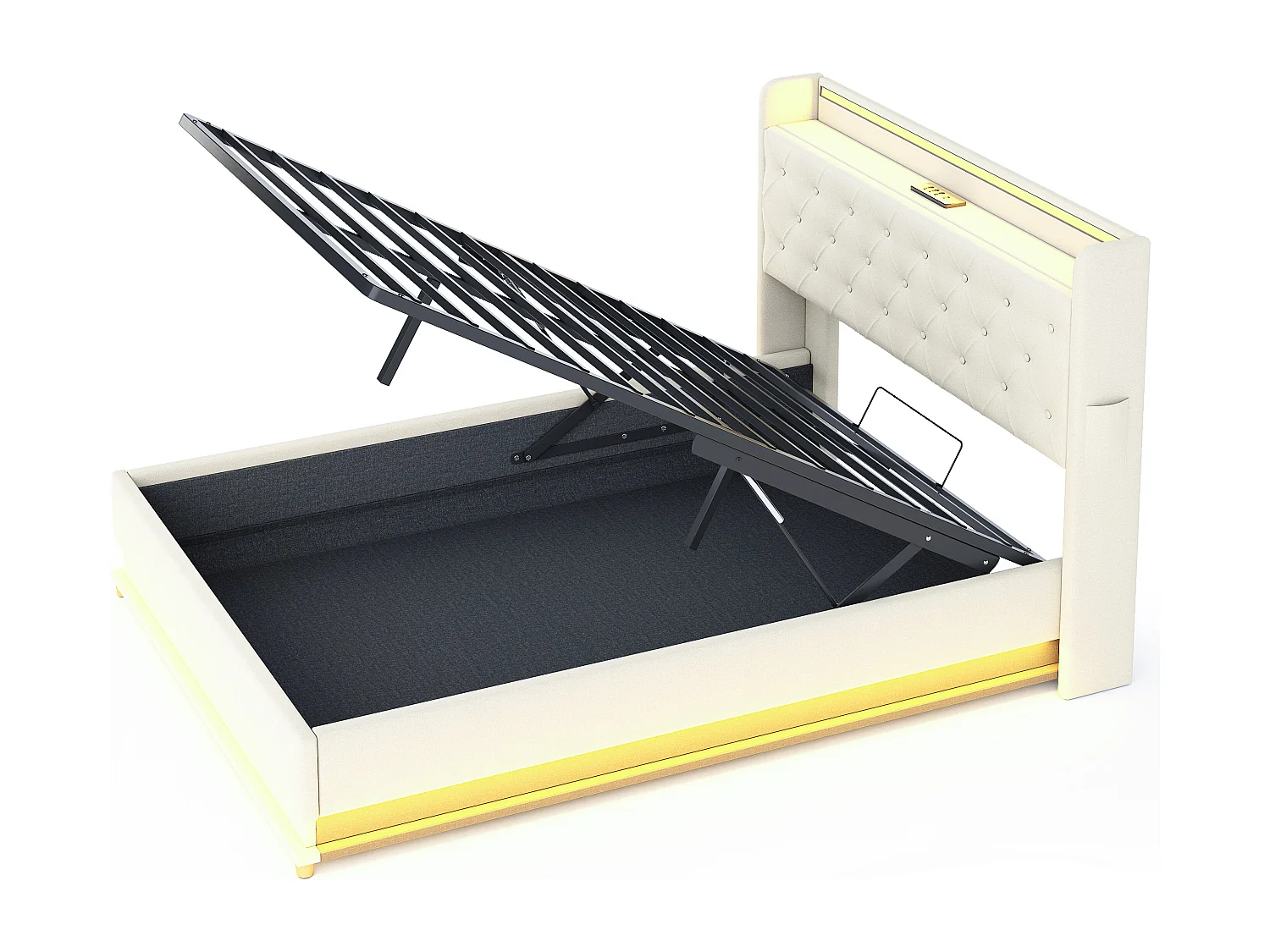 Bed Gestoffeerde Ladekast met LED 140x200 cm - Met USB Oplaadpoort - Linnenstof - Beige