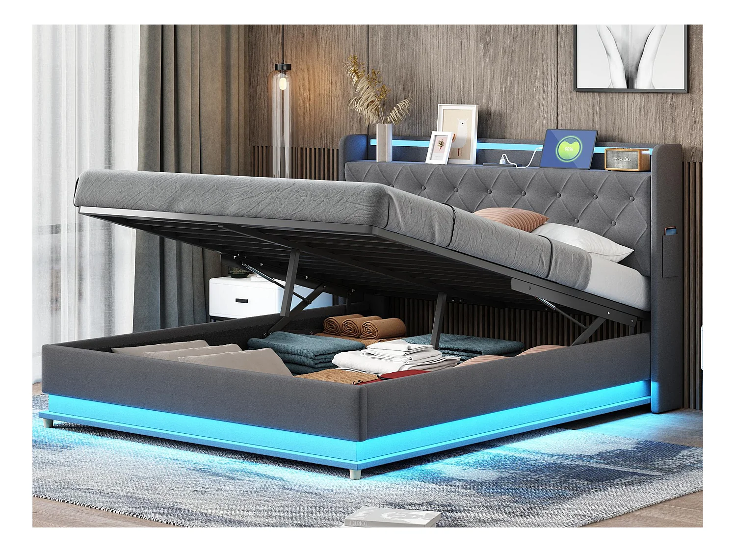 Lit coffre rembourré avec LED 160x200 cm - avec Port de chargement USB - en tissu de lin - Gris