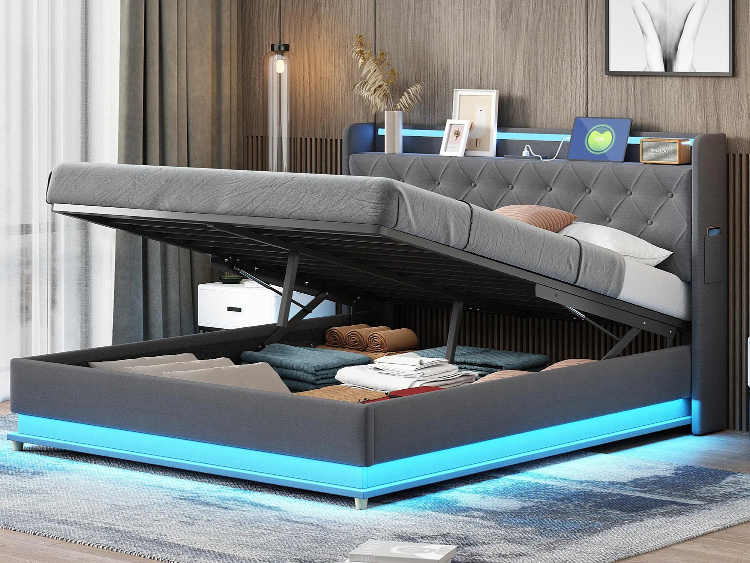 Lit coffre rembourré avec LED 160x200 cm - avec Port de chargement USB - en tissu de lin - Gris