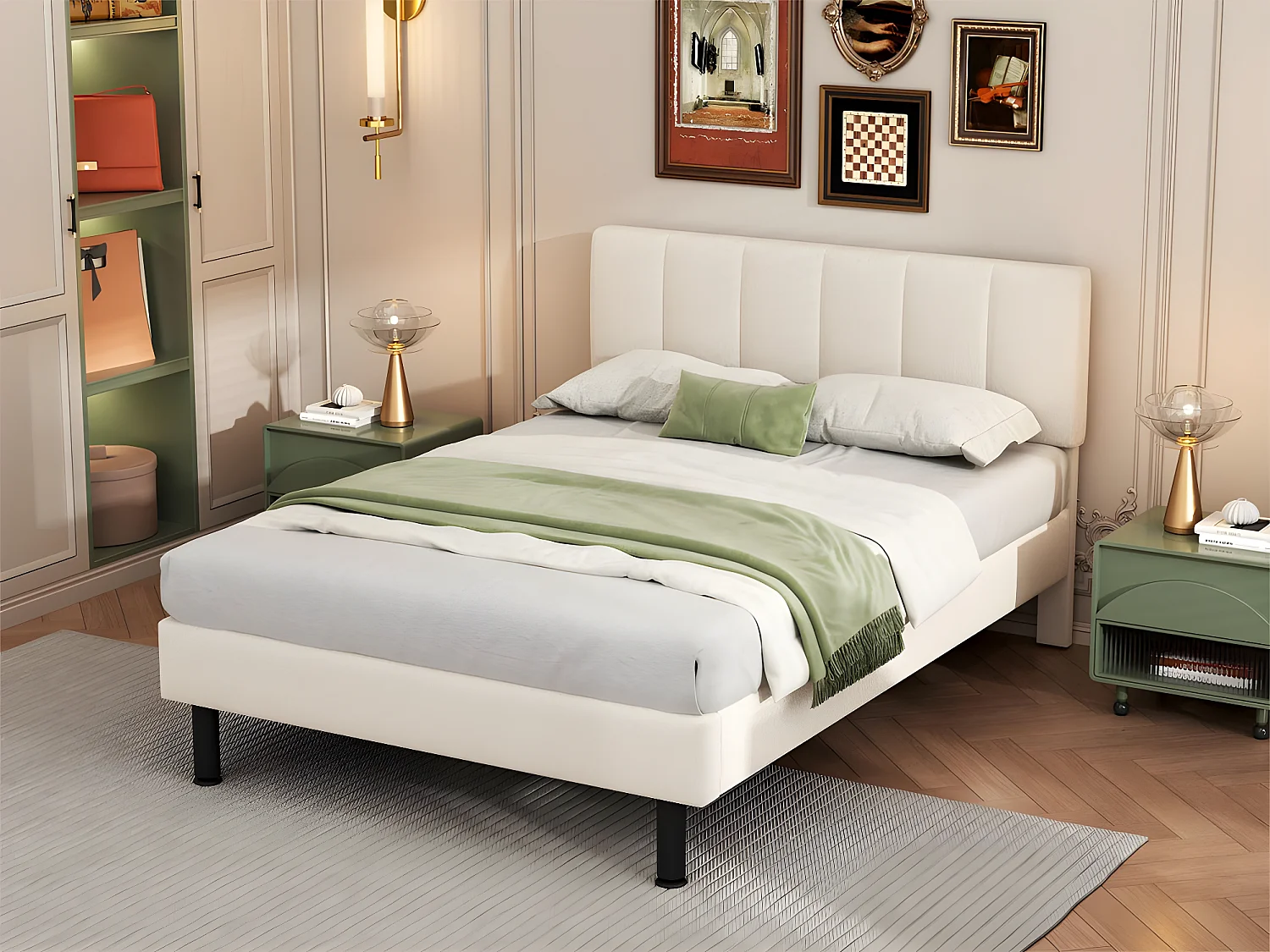 Letto 140x190cm imbottito in sherpa - con rete a doghe - Beige