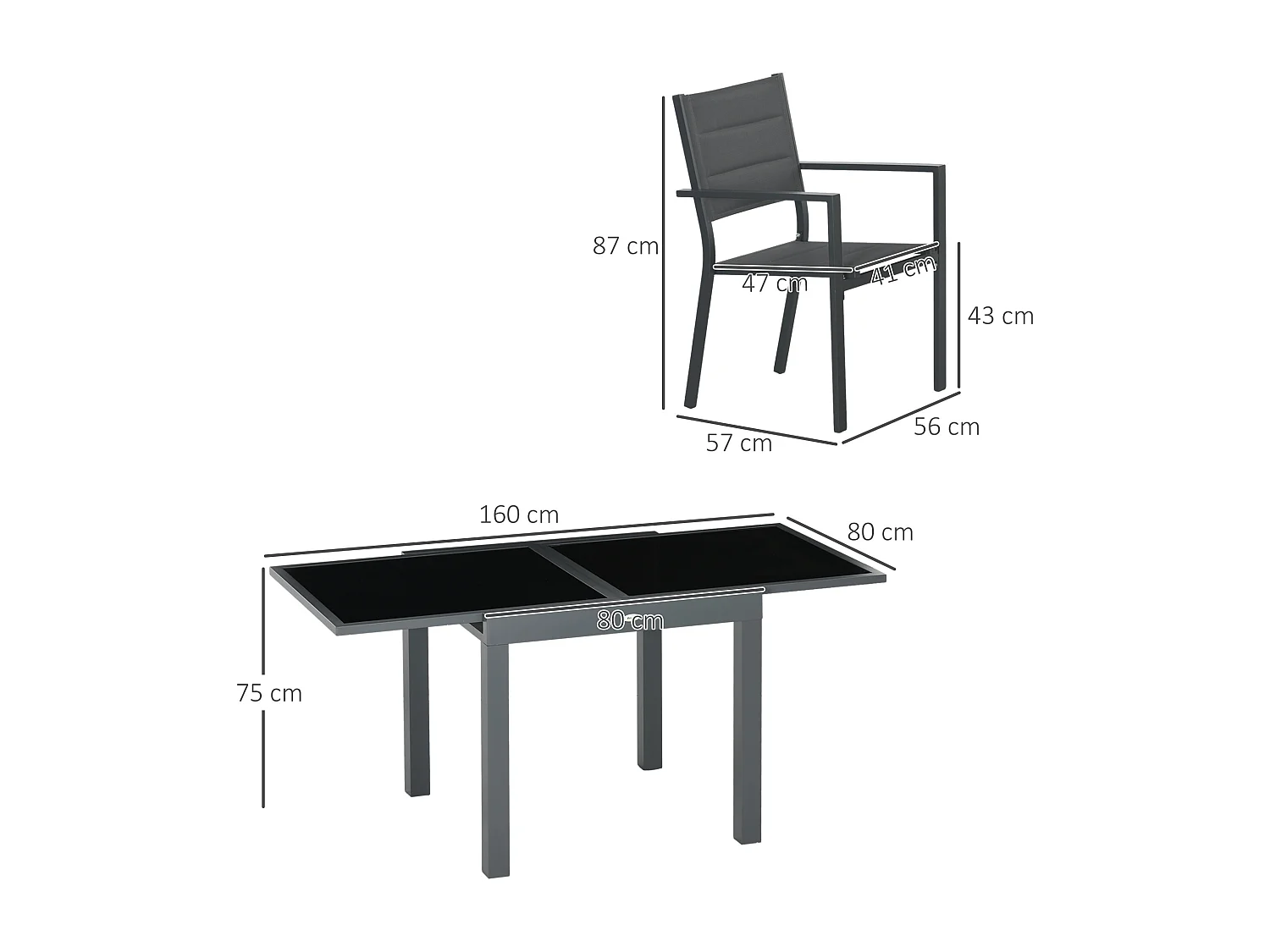Ensemble de jardin 4 personnes chaises empilables table extensible 80/160L cm alu. teslin antracite