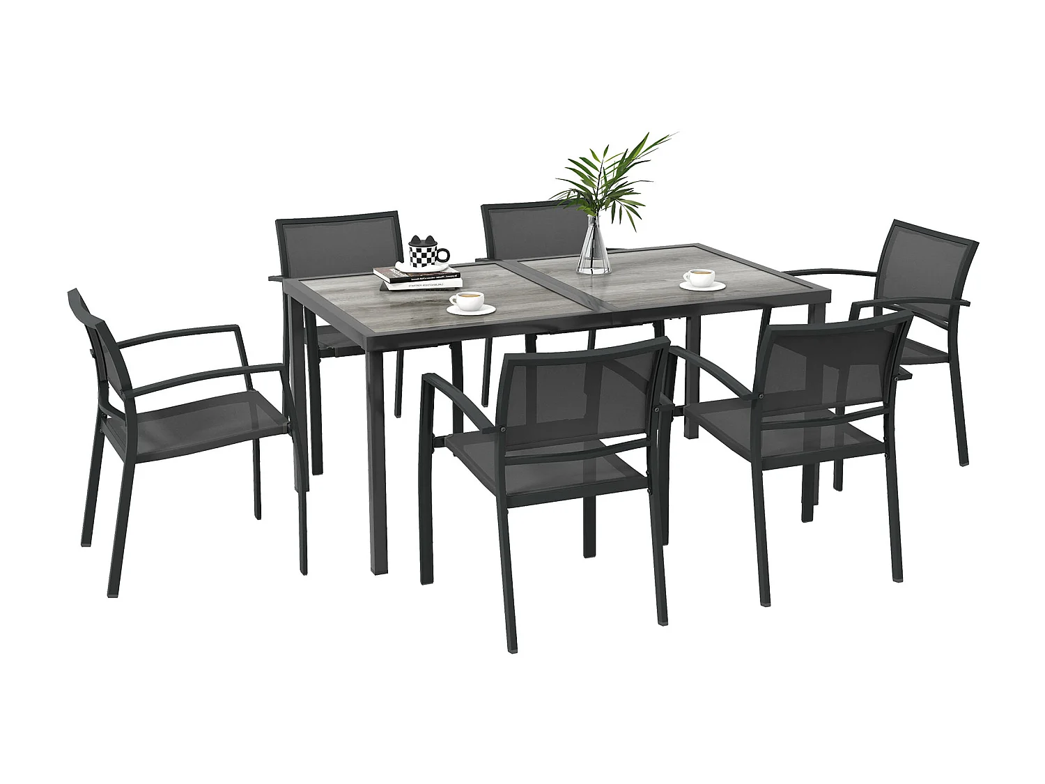 Ensemble salon de jardin 6 places 7 pièces avec table à manger acier textilène aspect bois gris