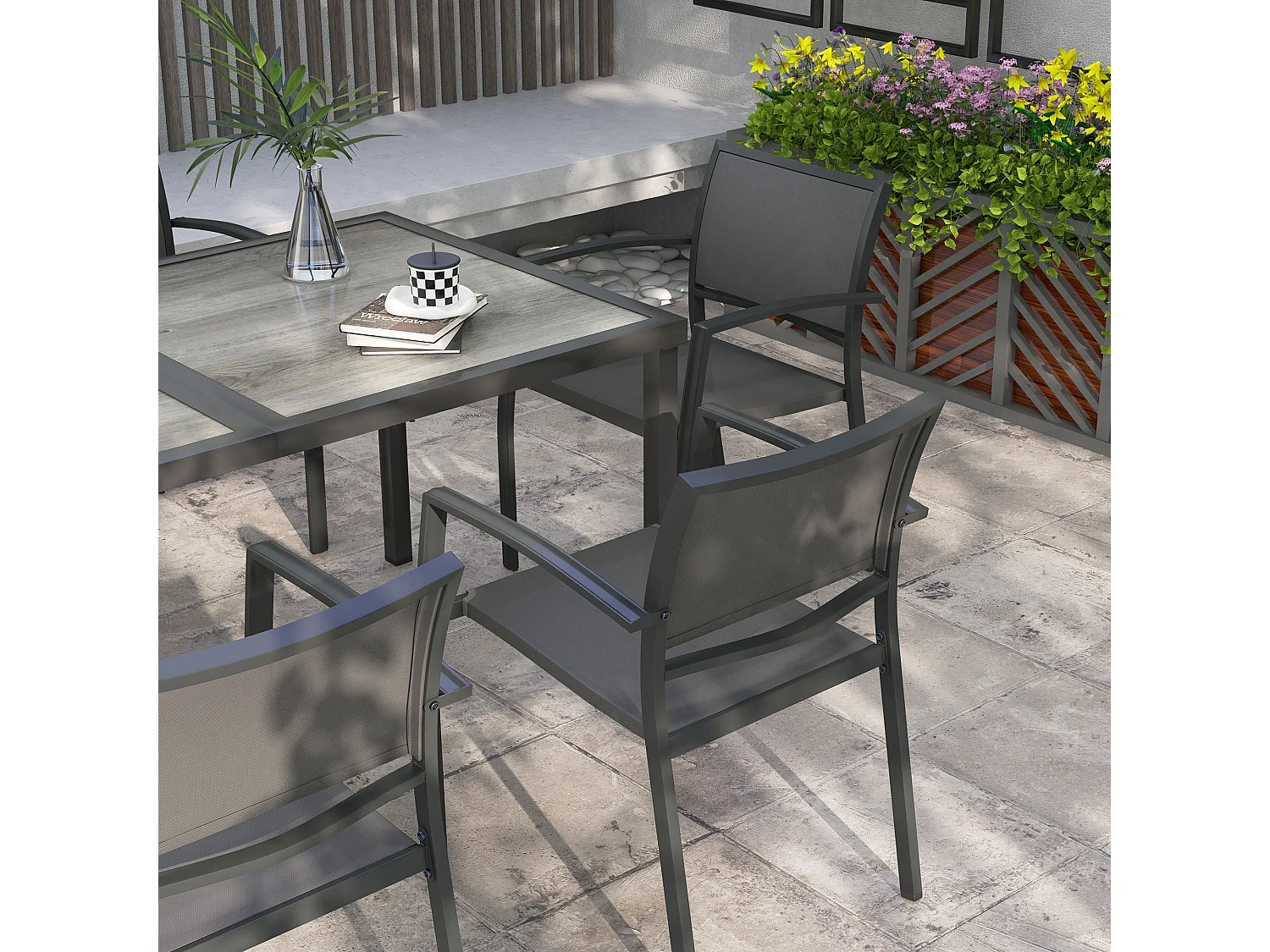 Ensemble salon de jardin 6 places 7 pièces avec table à manger acier textilène aspect bois gris