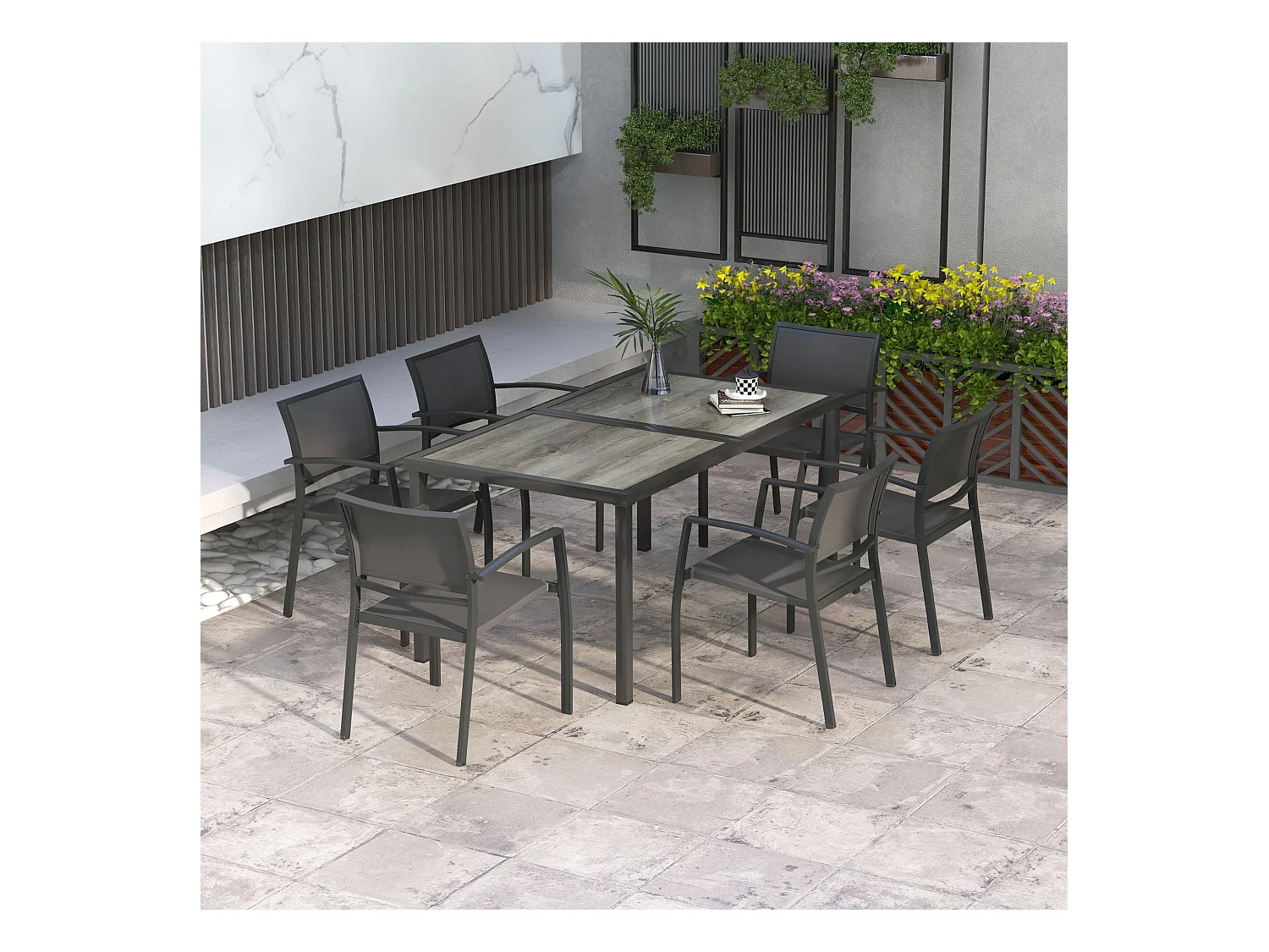 Ensemble salon de jardin 6 places 7 pièces avec table à manger acier textilène aspect bois gris