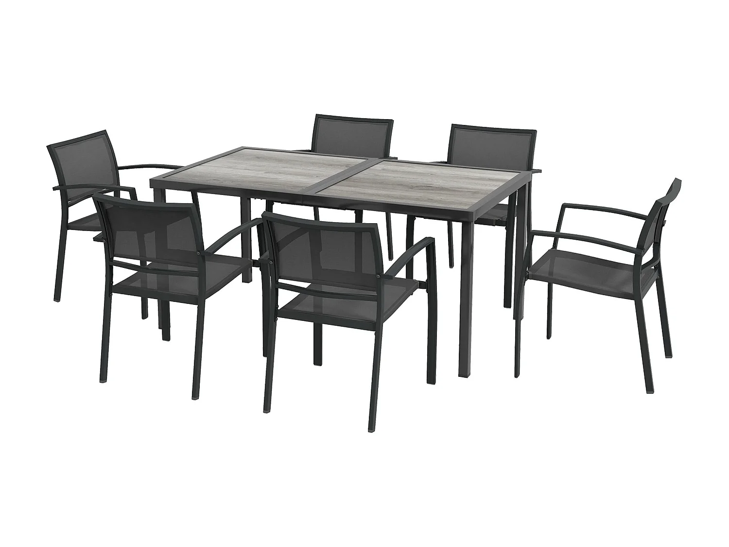 Ensemble salon de jardin 6 places 7 pièces avec table à manger acier textilène aspect bois gris