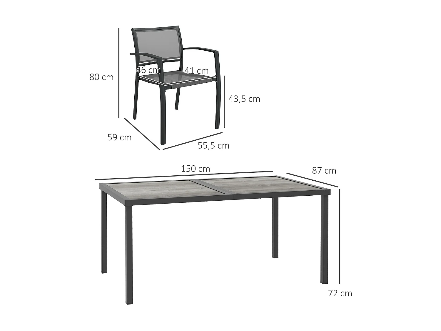 Ensemble salon de jardin 6 places 7 pièces avec table à manger acier textilène aspect bois gris