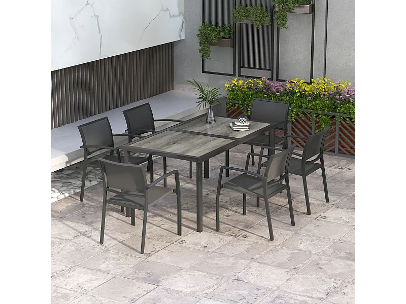 Ensemble salon de jardin 6 places 7 pièces avec table à manger acier textilène aspect bois gris