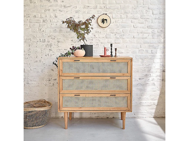 Comò in mindi massello e cannage 100 cm