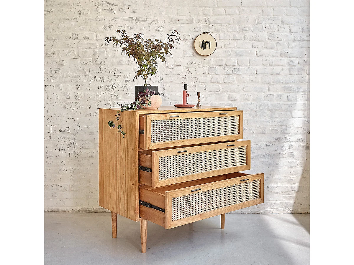 Cómoda de madera de mindi maciza y rejilla de 100 cm