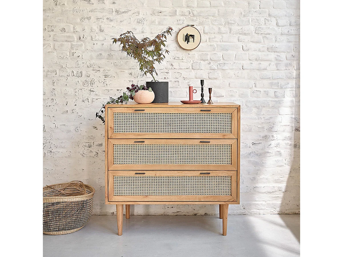 Cómoda de madera de mindi maciza y rejilla de 100 cm