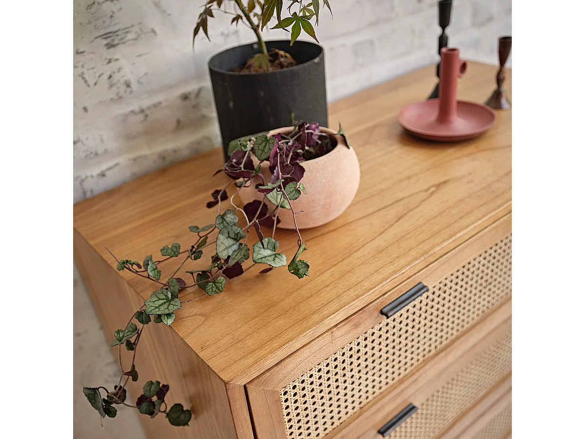 Cómoda de madera de mindi maciza y rejilla de 100 cm