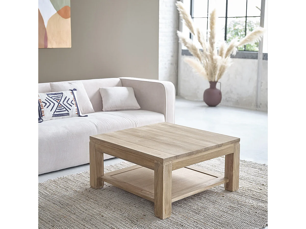 Table basse en bois de teck 80 cm double plateau