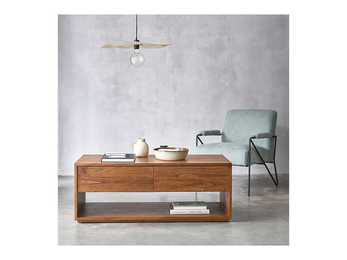Mesa de centro de madera de mindi maciza con acabado nogal