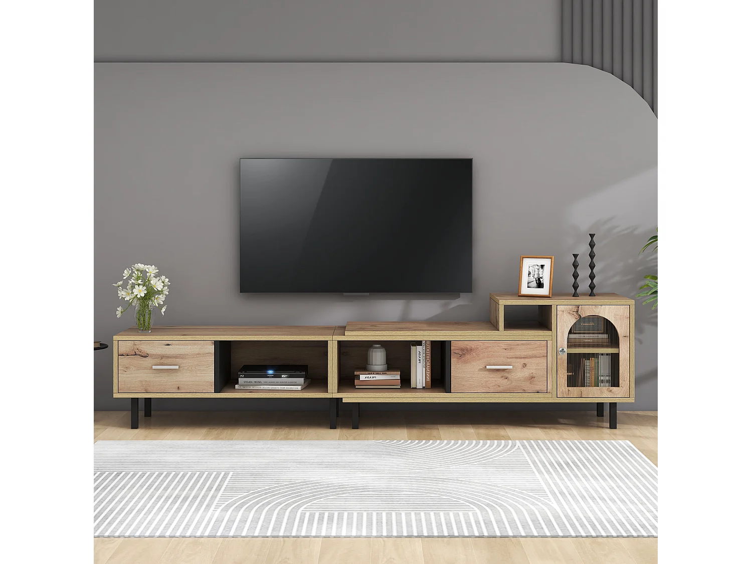 Meuble TV extensible aspect bois - 4 compartiments, 2 tiroirs, porte vitrée, longueur variable 200-278cm QUVRUX