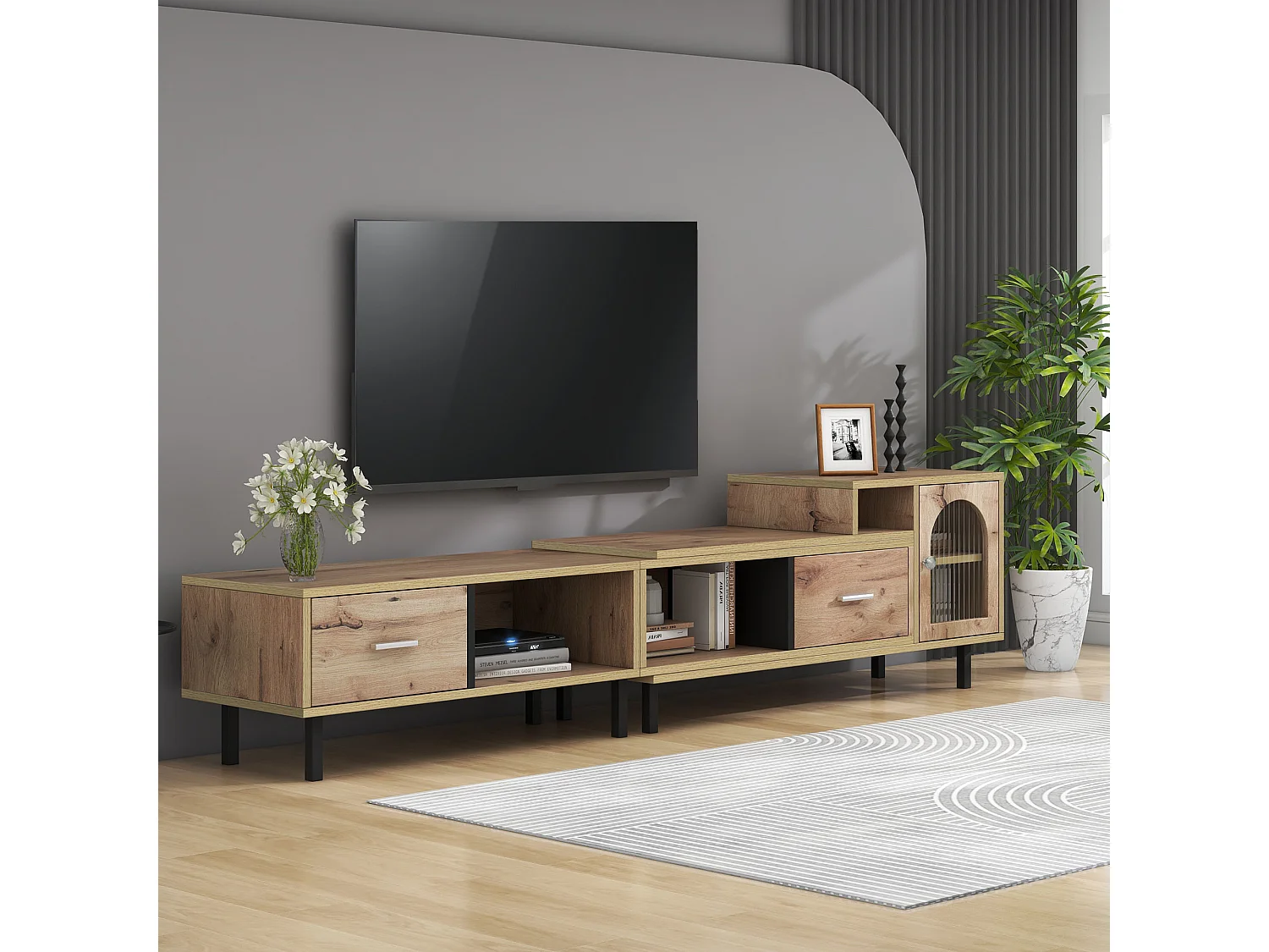 Meuble TV extensible aspect bois - 4 compartiments, 2 tiroirs, porte vitrée, longueur variable 200-278cm QUVRUX