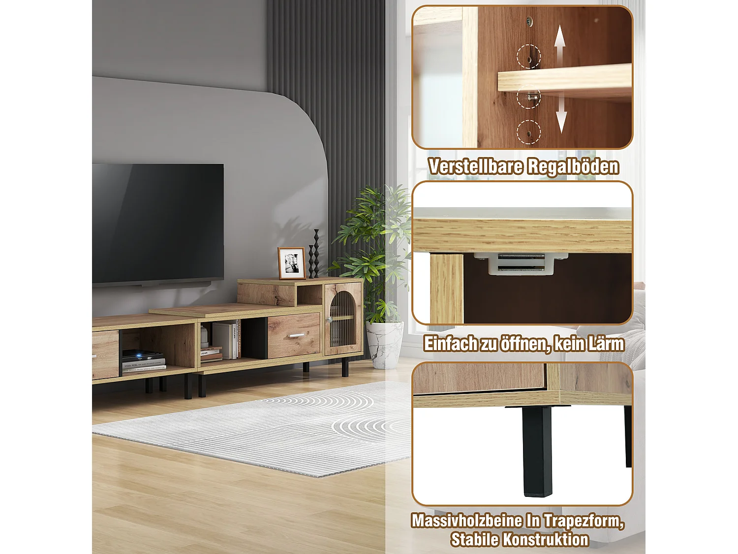 Meuble TV extensible aspect bois - 4 compartiments, 2 tiroirs, porte vitrée, longueur variable 200-278cm QUVRUX
