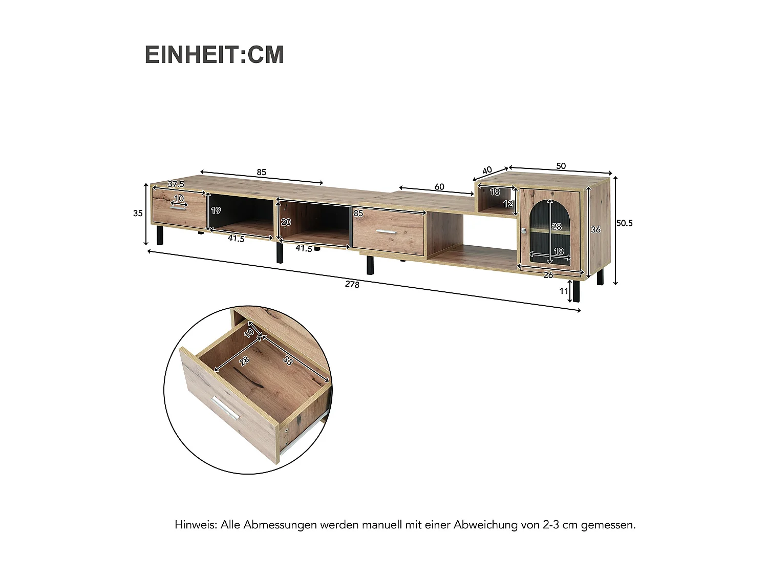 Meuble TV extensible aspect bois - 4 compartiments, 2 tiroirs, porte vitrée, longueur variable 200-278cm QUVRUX