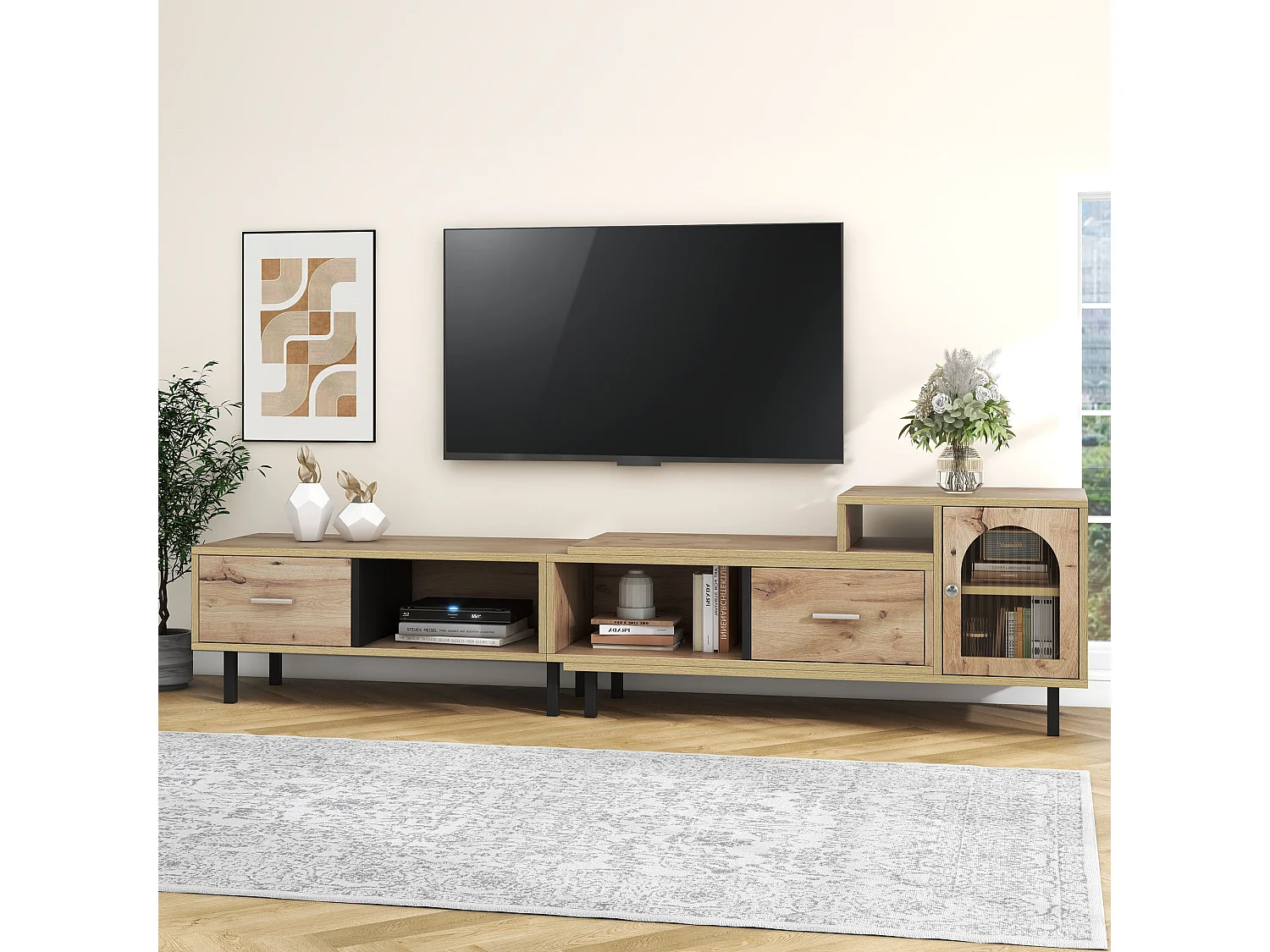 Meuble TV extensible aspect bois - 4 compartiments, 2 tiroirs, porte vitrée, longueur variable 200-278cm QUVRUX