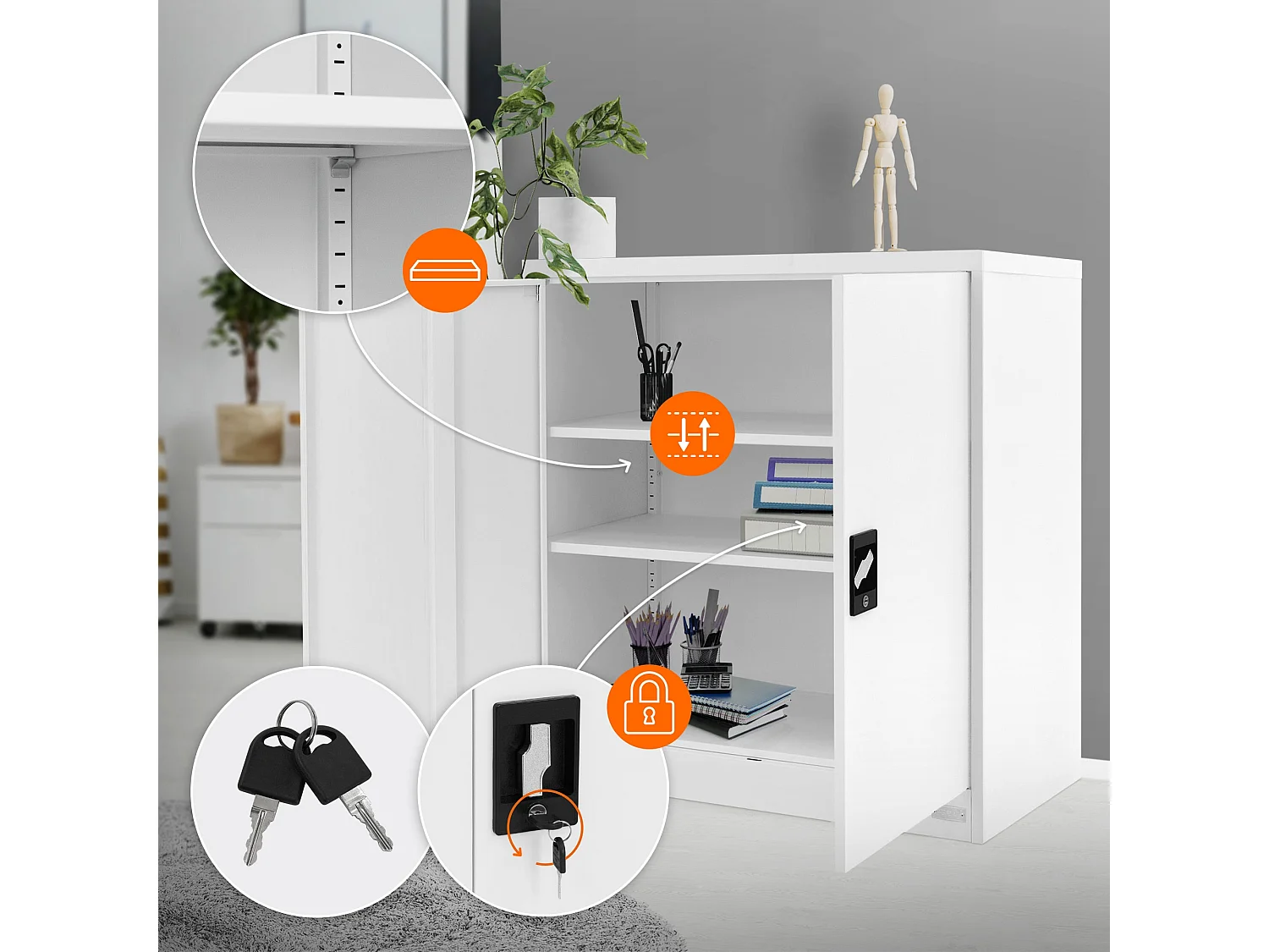 3 Armoires bureau en acier blanc meuble à dossiers portes battantes 90x40x90 cm