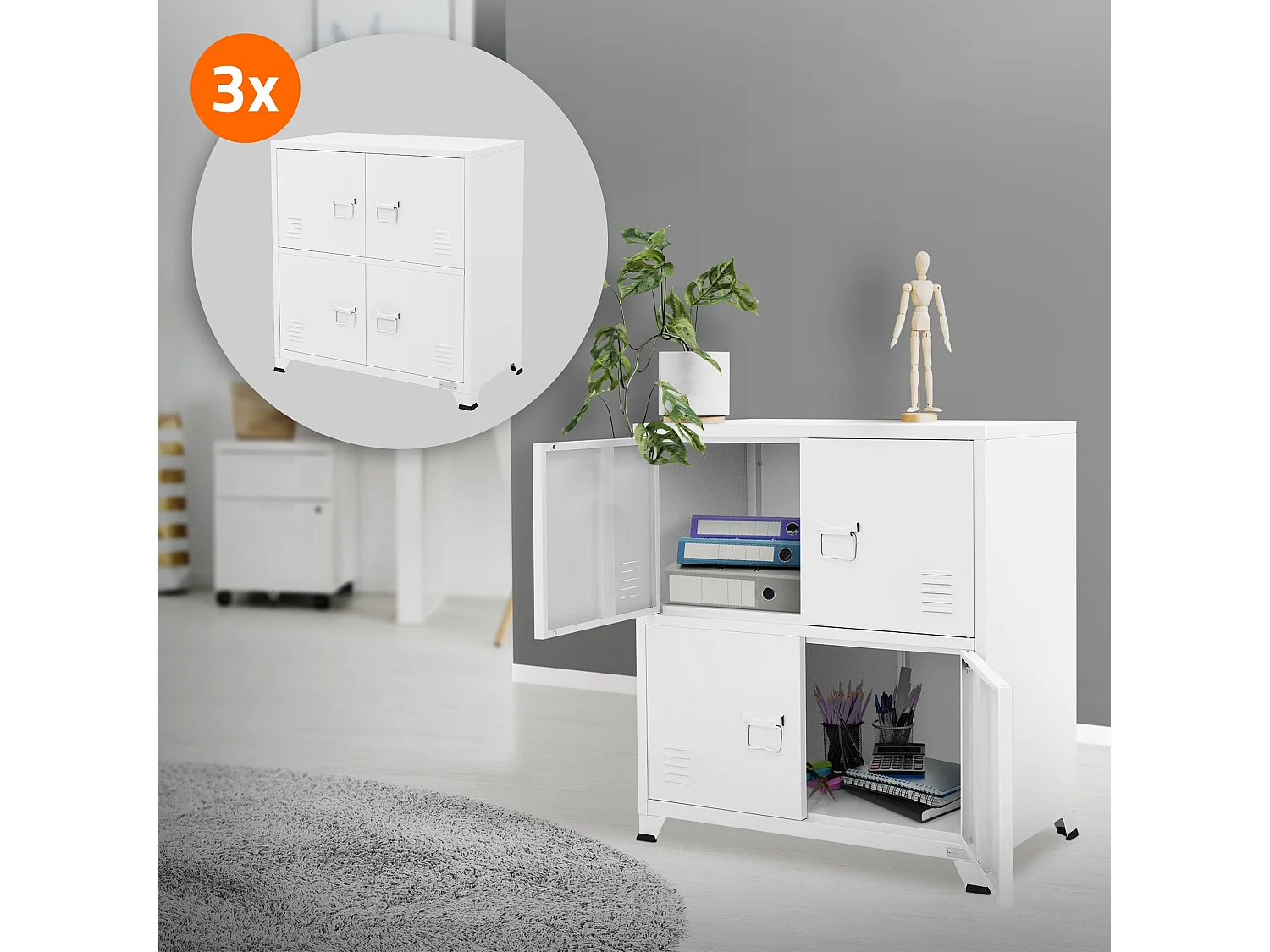 Set di 3 Armadi da Ufficio in Acciaio Bianco 75x40x80,5cm - Robusto, Spazioso, Design Elegante