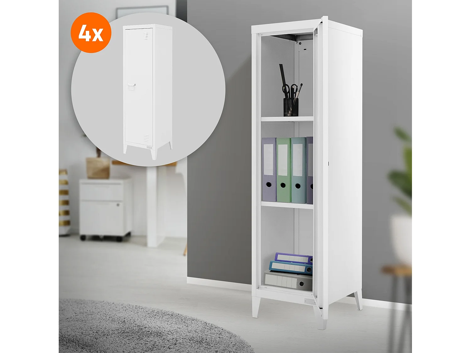 Set 4 armoire de classement rangement bureau 3 compartiments blanc 38x38x137,5cm