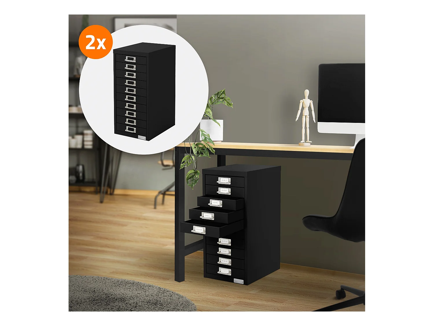 Set de 2 armoire à dossiers avec 10 tiroirs en métal noir classeur documents A4
