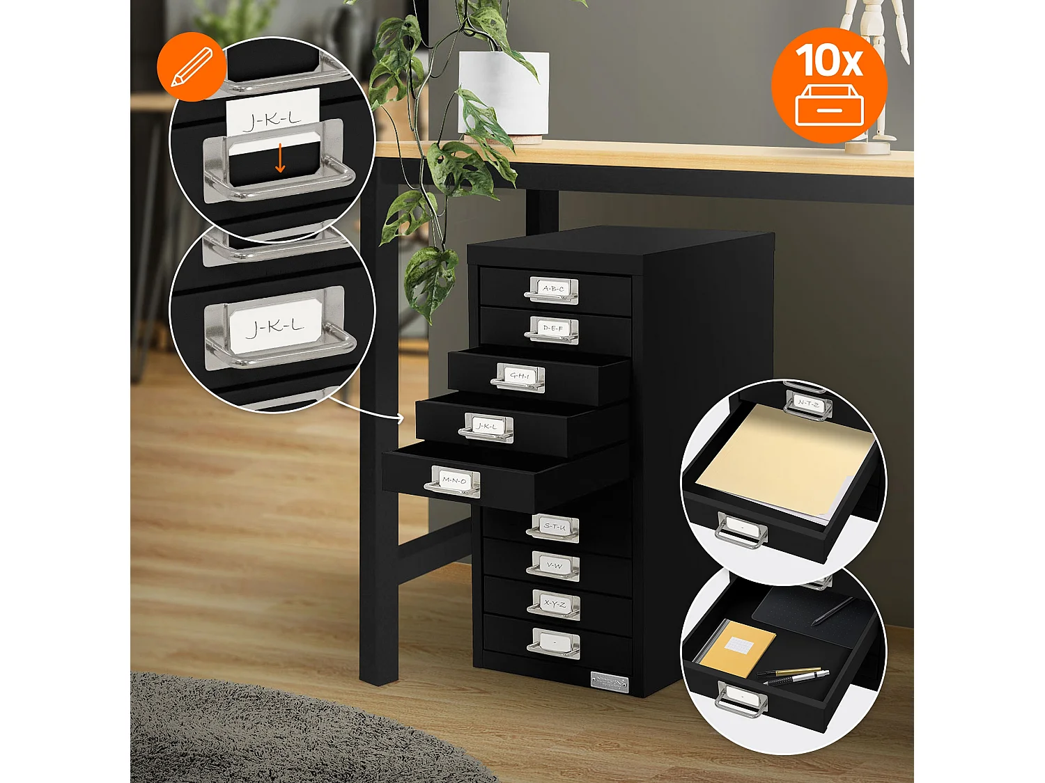 Set de 2 armoire à dossiers avec 10 tiroirs en métal noir classeur documents A4